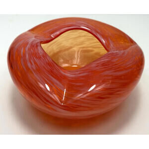 Vtg Kreiss Art Glass Abstract Bowl Orange White Swirl 5.5" Japan Curved Edge